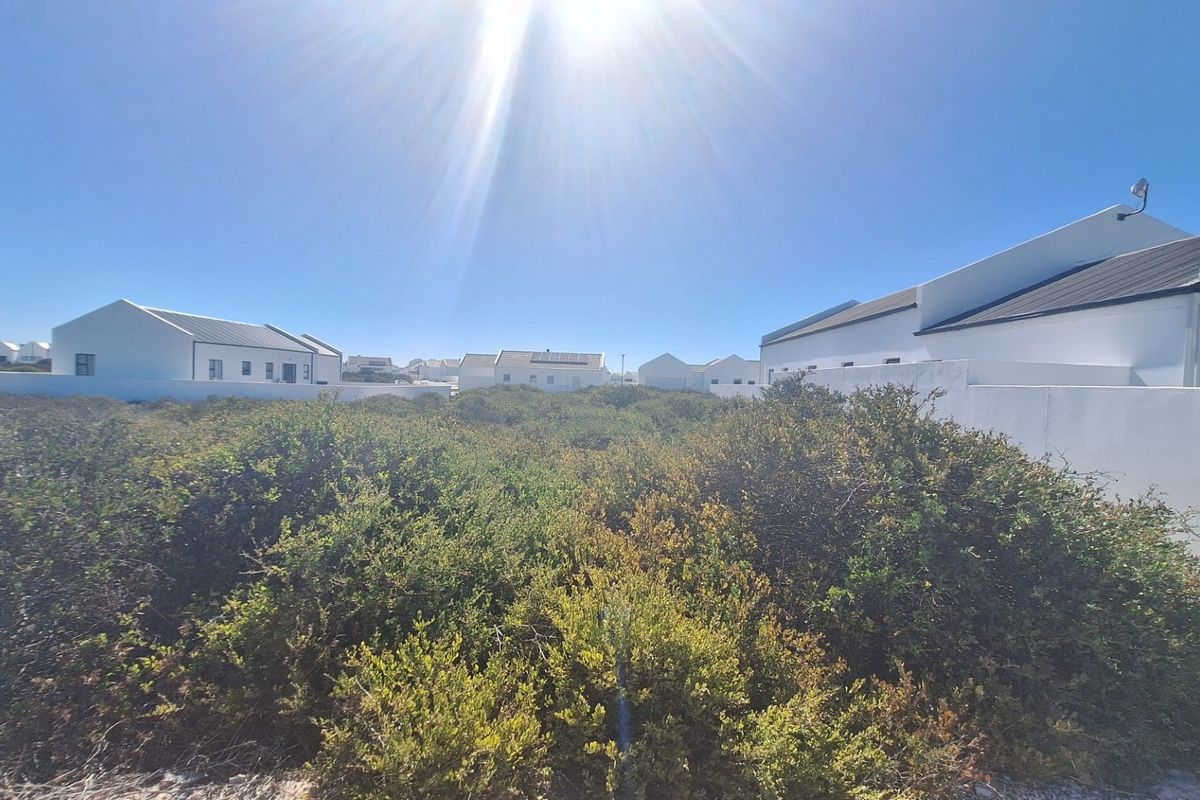 A view of a vacant residential plot featuring native coastal vegetation, surrounded by established white-walled residential properties.