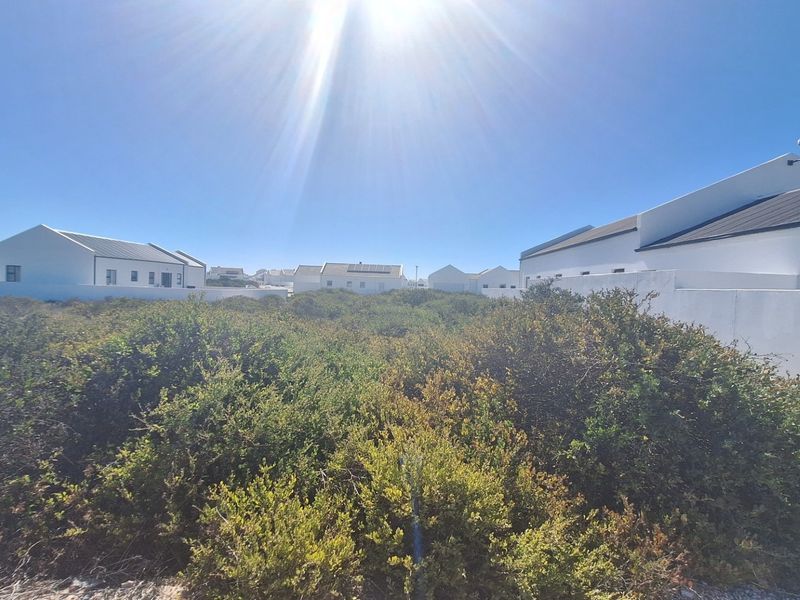 A view of a vacant residential plot featuring native coastal vegetation, surrounded by established white-walled residential properties.