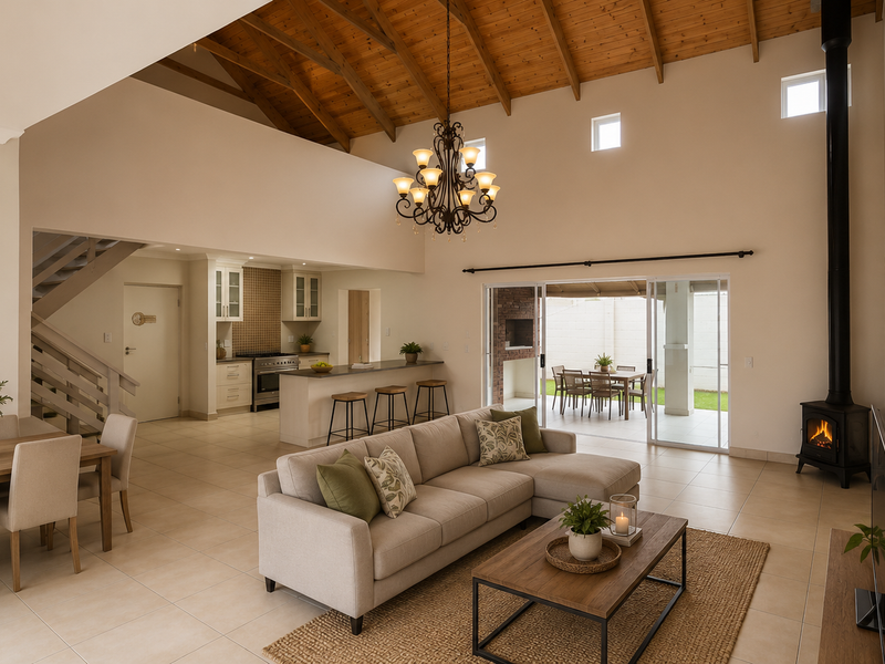 Spacious open-plan living area featuring a vaulted timber ceiling, a modern fireplace, and a seamless flow to the kitchen and outdoor patio.