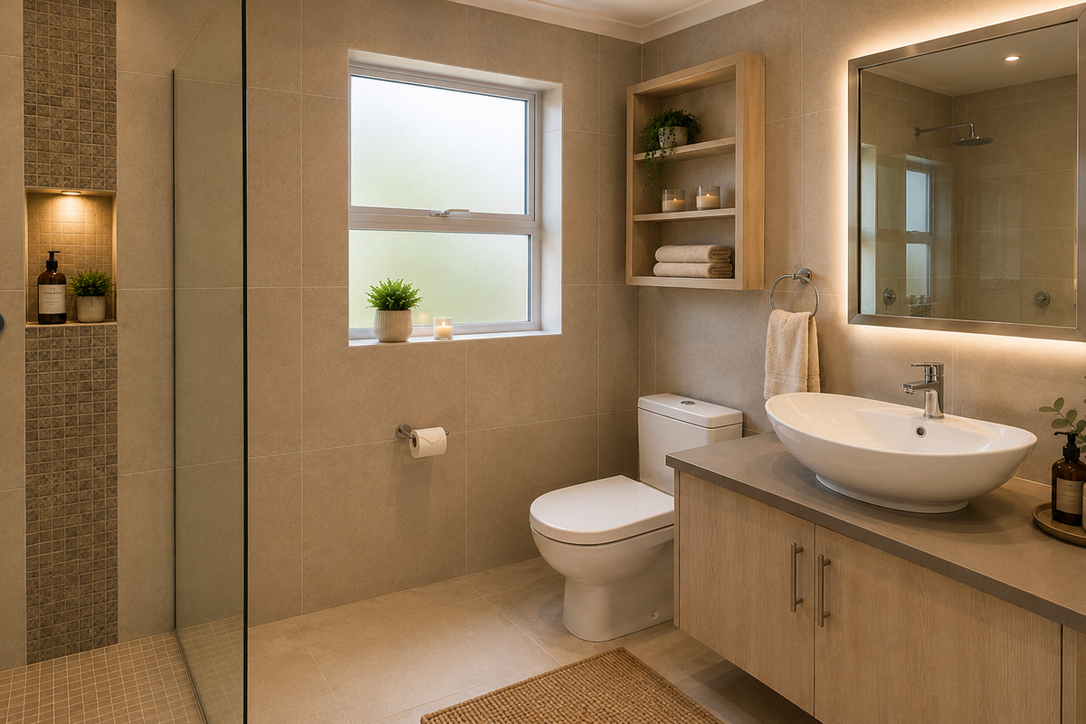 Modern bathroom featuring a walk-in shower with a recessed niche, a vessel sink vanity, a backlit mirror, and a back-to-wall toilet.