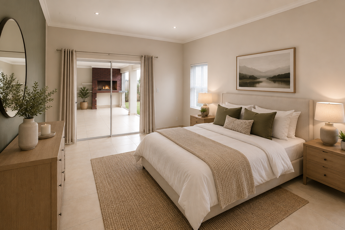 Spacious bedroom featuring neutral tones, tiled flooring, recessed lighting, and sliding glass doors opening to a covered patio with a built-in fireplace.