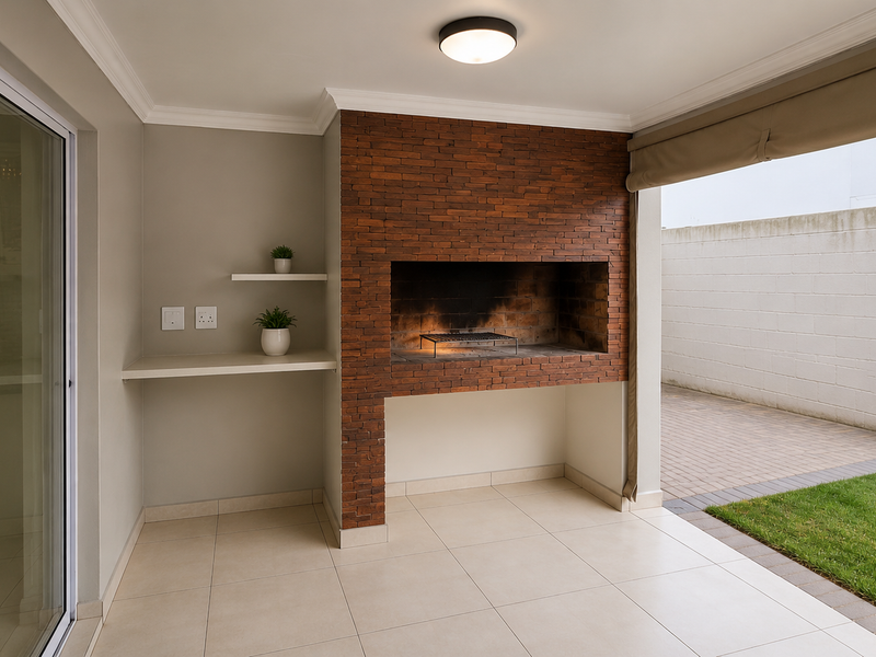 A covered patio featuring a built-in brick braai, tiled flooring, and sliding glass doors providing seamless access to the kitchen and garden area.