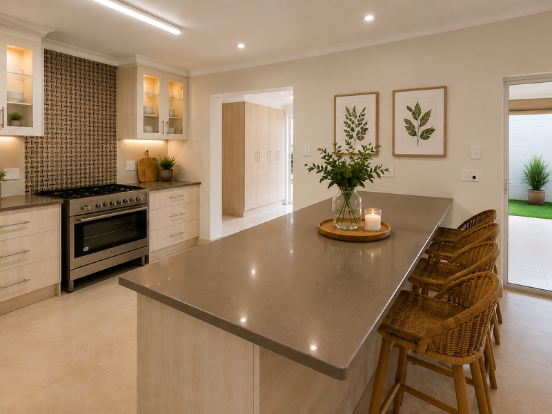 Modern kitchen featuring a large island with stone countertops, gas range, custom cabinetry, and direct access to an outdoor patio area.
