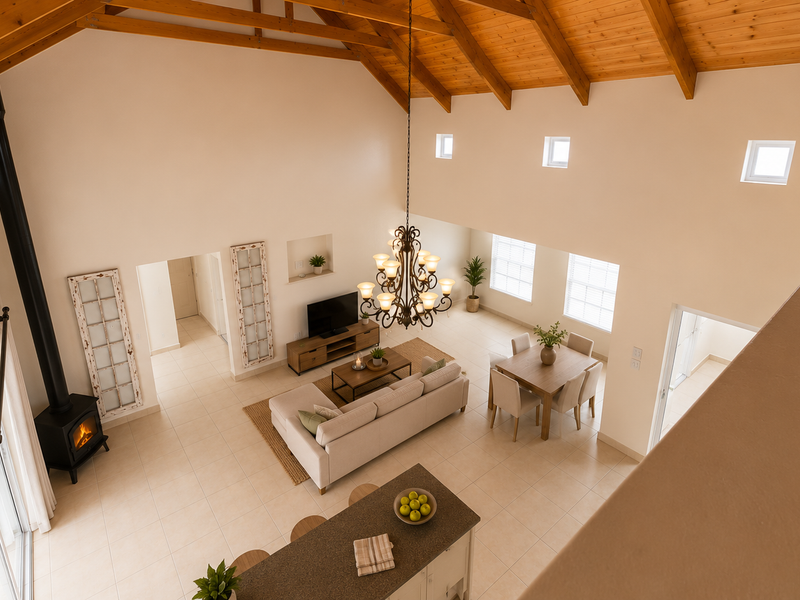 Spacious open-plan living and dining area featuring a high vaulted timber ceiling, tiled floors, and a cozy freestanding fireplace.