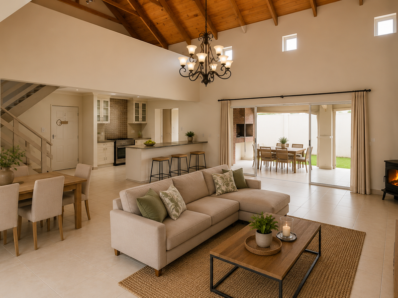 Spacious open-plan living area featuring a vaulted timber ceiling, wood-burning fireplace, and seamless flow to the outdoor patio and kitchen.