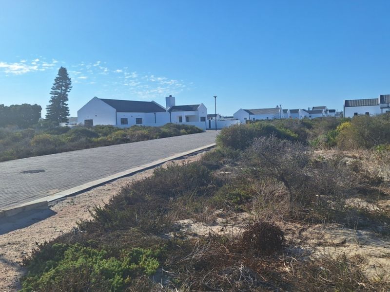 A view of a paved residential street in a coastal estate, featuring surrounding natural vegetation and established white-walled residential properties.