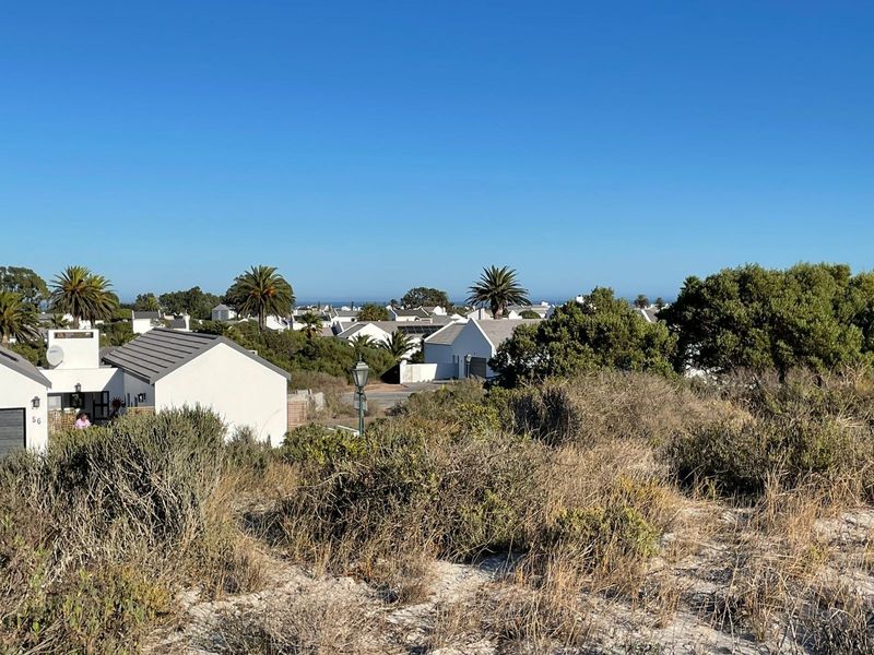 A scenic view overlooking a residential neighborhood with coastal vegetation in the foreground and clear blue skies.