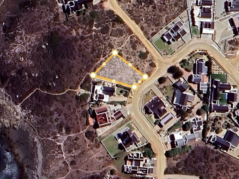 Aerial view of a vacant residential plot situated in a coastal neighborhood, highlighting the property boundaries and surrounding street layout.