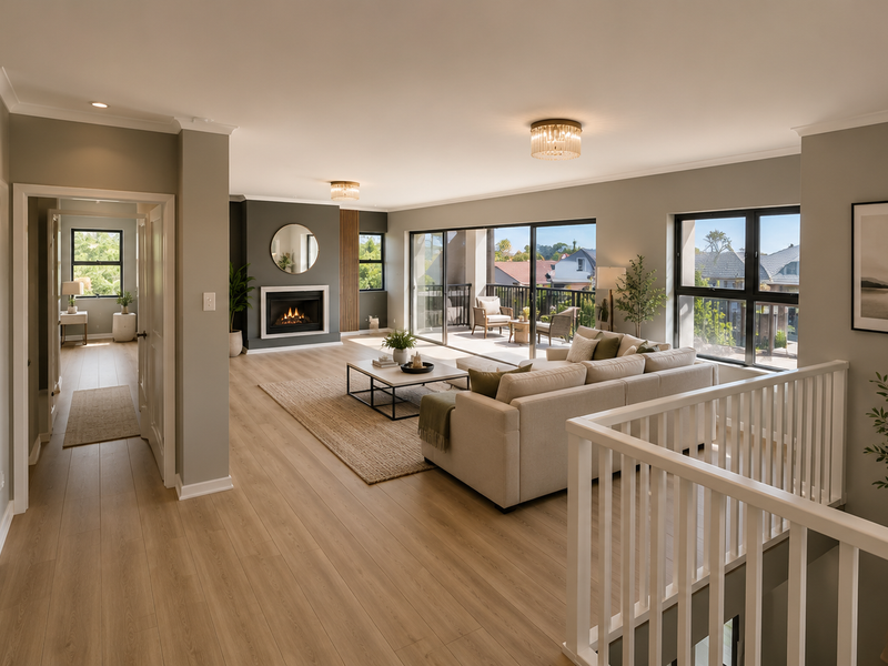 Spacious open-plan living area featuring a modern fireplace, light wood-look flooring, and large sliding doors opening onto a private balcony.