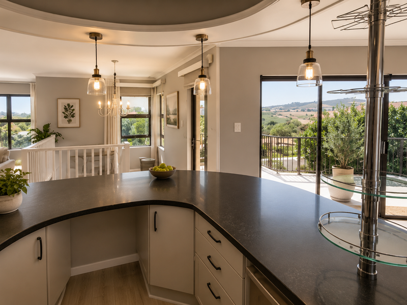 A bright open-plan living and kitchen area featuring a curved island, modern pendant lighting, and sliding doors leading to a balcony with scenic views.