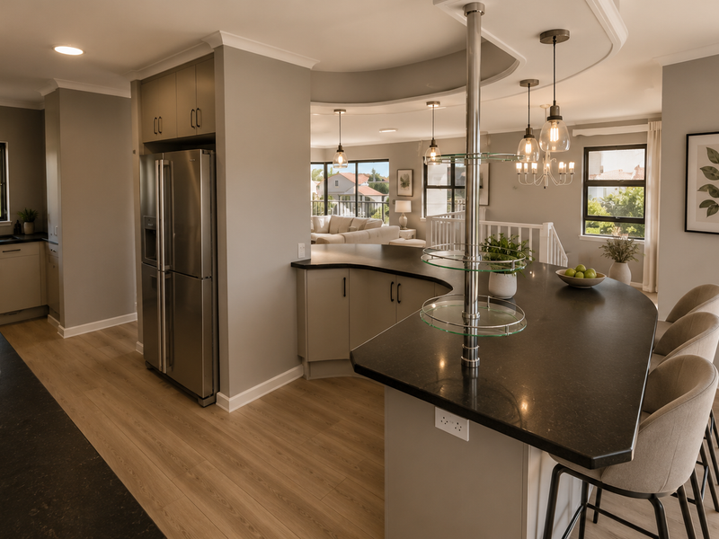 Modern open-plan kitchen featuring a curved island with dark countertops, integrated cabinetry, and stylish pendant lighting, seamlessly flowing into the living area.