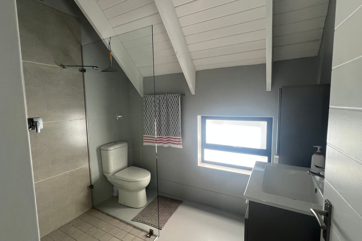 Modern bathroom featuring a walk-in shower with glass screen, toilet, and vanity basin, set under a vaulted ceiling with exposed timber rafters.