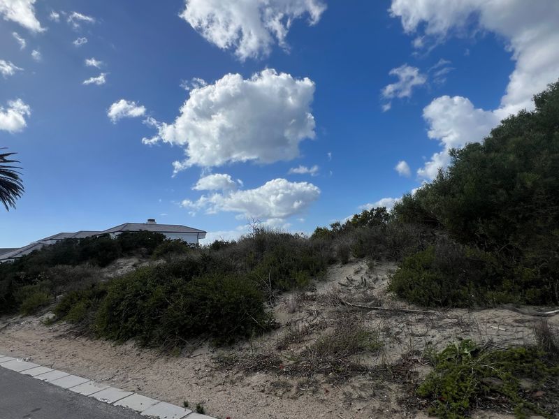A view of a vacant residential plot featuring sandy terrain and natural coastal vegetation, situated along a paved street.