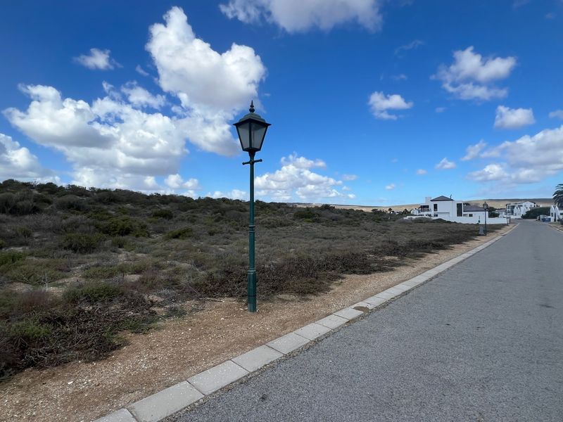 A view of a vacant residential plot adjacent to a paved street, featuring a street lamp and natural coastal vegetation.