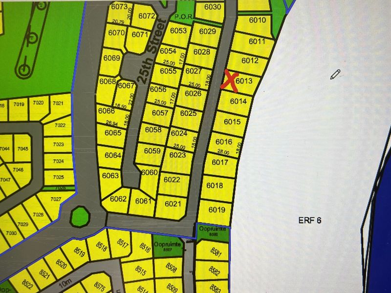 A digital cadastral map showing the layout of residential plots, with a red 'X' marking the specific location of the subject property.