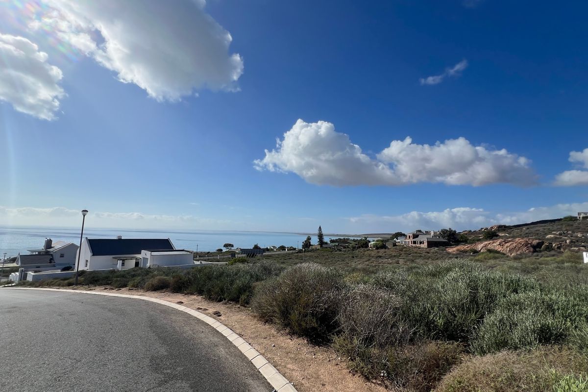 A scenic view of the coastal landscape and surrounding residential area from the paved street level.