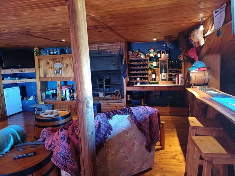 A rustic indoor bar area featuring timber wall and ceiling paneling, a built-in fireplace, and custom wooden bar counter.