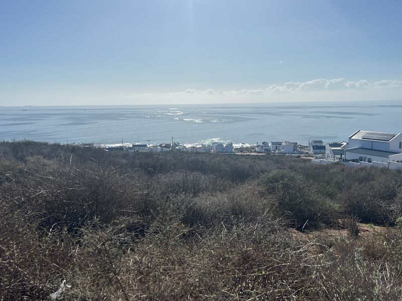 A scenic elevated view overlooking the coastline, ocean, and nearby residential development, showcasing the natural landscape and coastal setting.