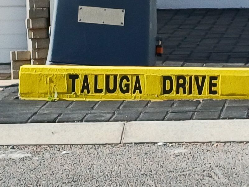 A close-up view of a painted yellow curb displaying the street name Taluga Drive, situated along a paved residential driveway.