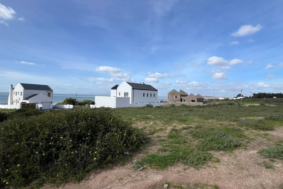A wide-angle view of a coastal residential area featuring open land, native vegetation, and neighboring properties with ocean views.
