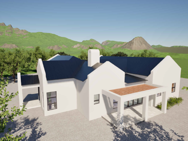A rear view of a modern house featuring a white facade, dark metal roofing, a chimney, and a covered patio area with a pergola.