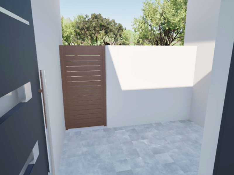 A clean, modern entrance area featuring tiled flooring and a timber slat gate, providing a secure and contemporary welcome to the home.
