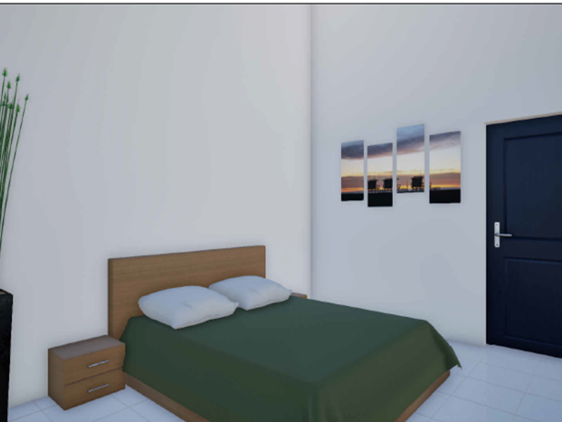 A bedroom featuring tiled flooring and a built-in wardrobe, presented as a digital rendering.