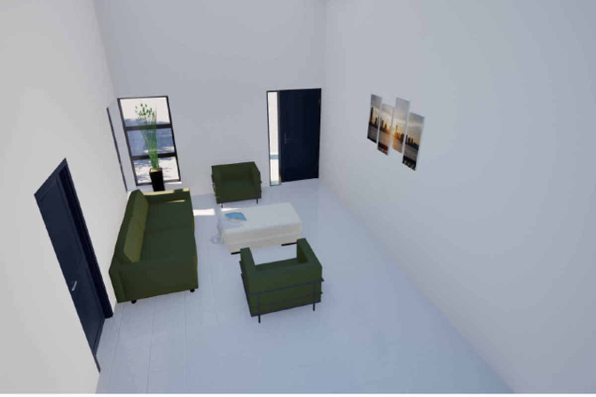 A high-angle view of a living room featuring tiled flooring and multiple internal doors, presented as a 3D architectural render.