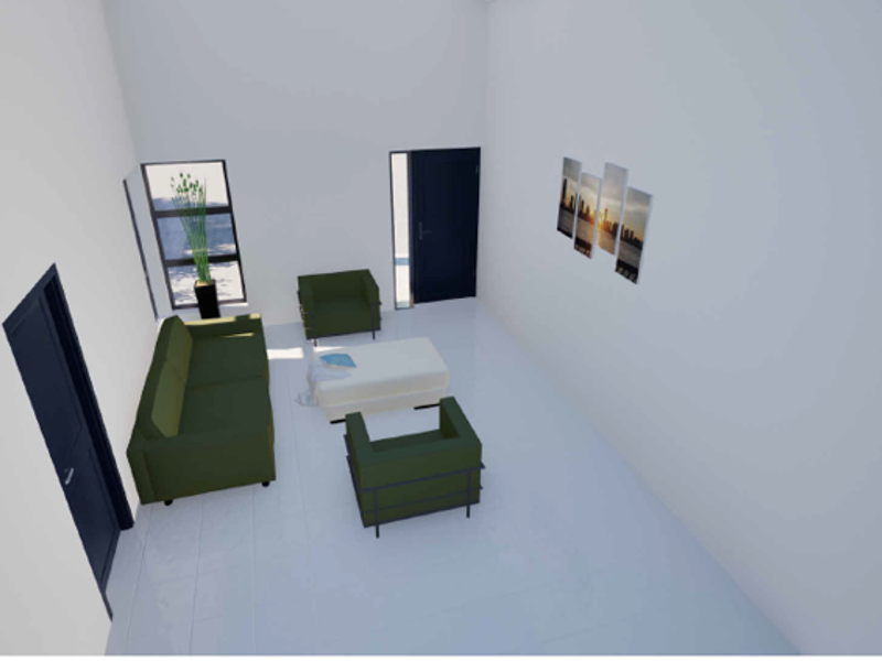 A high-angle view of a living room featuring tiled flooring and multiple internal doors, presented as a 3D architectural render.