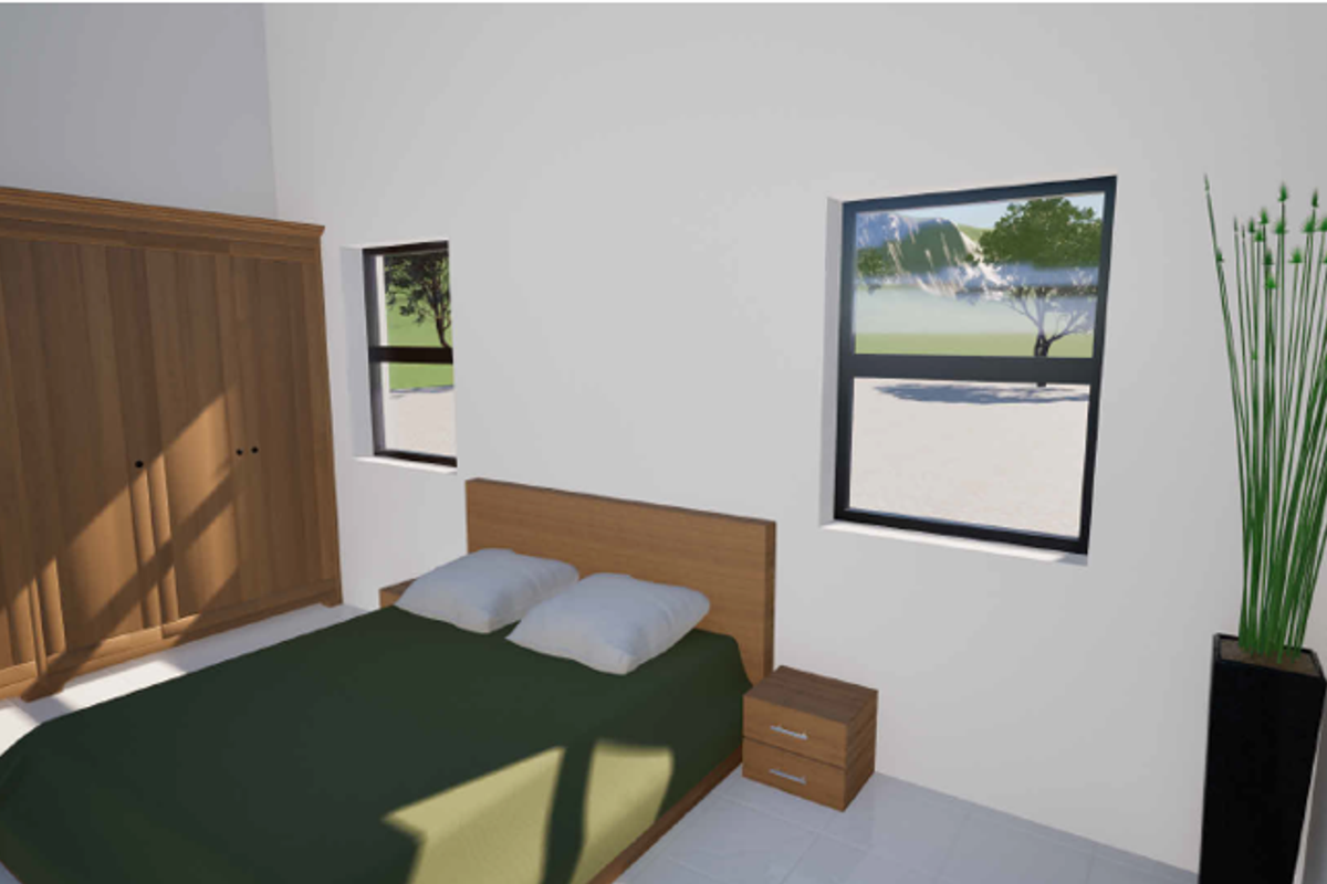 A bedroom featuring a built-in wooden wardrobe, tiled flooring, and large windows providing natural light.