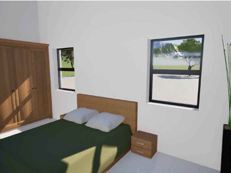 A bedroom featuring a built-in wooden wardrobe, tiled flooring, and large windows providing natural light.