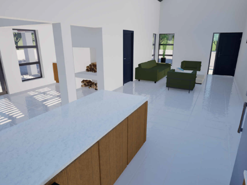 Spacious open-plan living area featuring a modern kitchen island with stone countertops, tiled flooring, and a built-in fireplace, presented as a 3D architectural render.