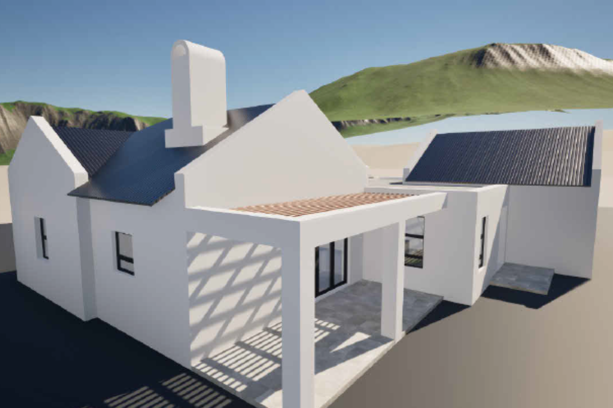 A 3D architectural rendering of a modern house exterior featuring a corrugated metal roof, chimney, and a covered patio area.