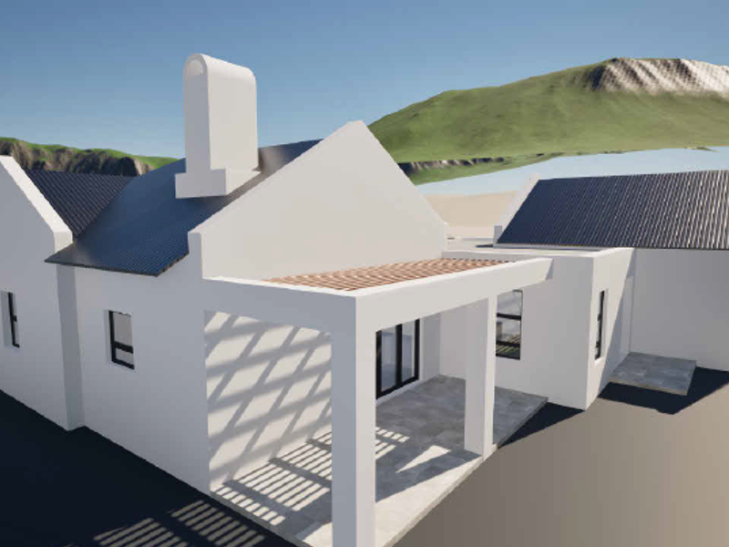 A 3D architectural rendering of a modern house exterior featuring a corrugated metal roof, chimney, and a covered patio area.