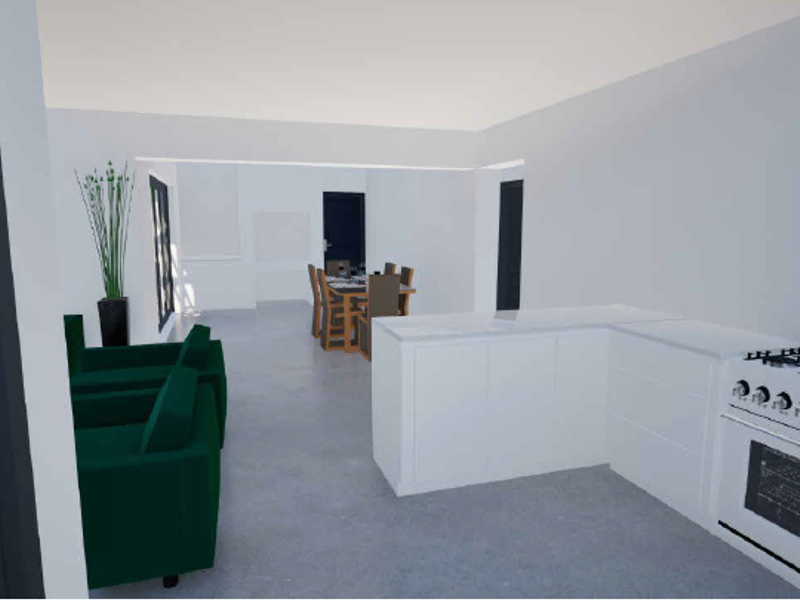 An open-plan living and kitchen area featuring modern white cabinetry, a gas stove, and an integrated oven in a minimalist layout.