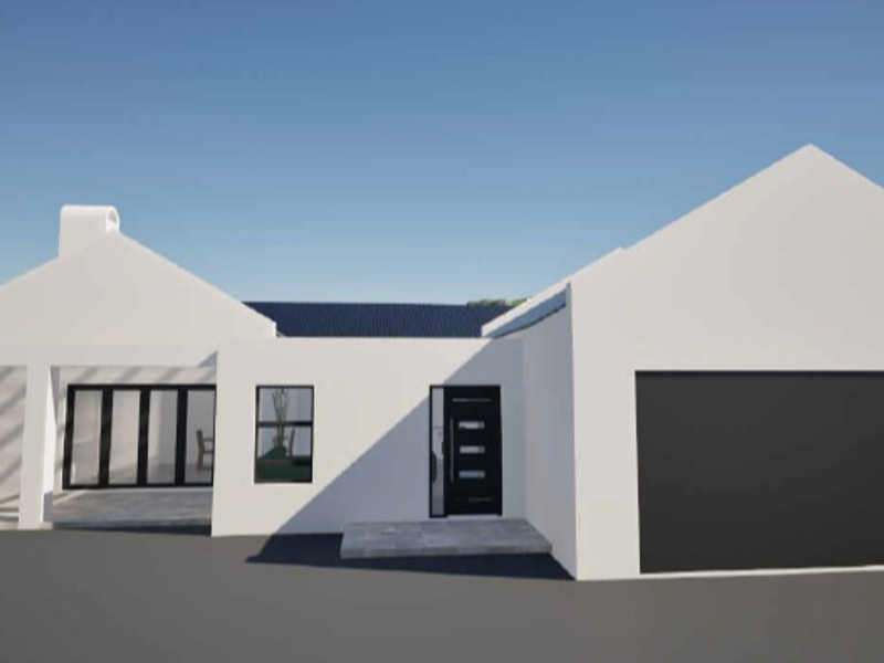 A modern architectural 3D render of a house exterior featuring a clean white facade, a garage, and a covered patio area.