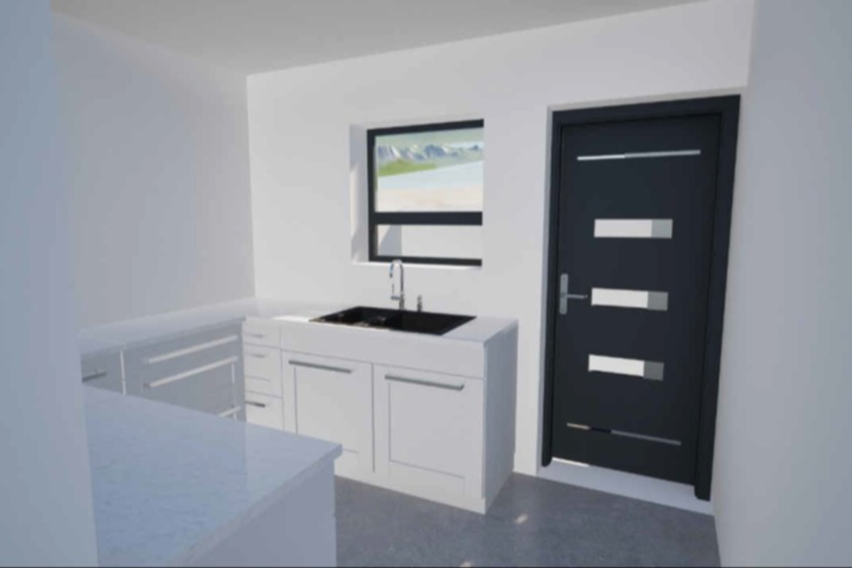A modern kitchen area featuring white cabinetry, a sink, and a contemporary dark entrance door in a minimalist, rendered space.