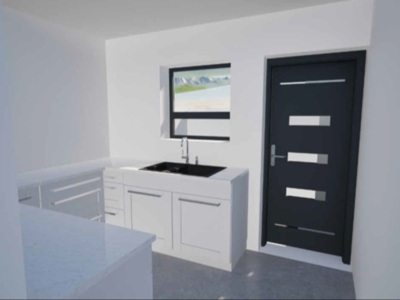 A modern kitchen area featuring white cabinetry, a sink, and a contemporary dark entrance door in a minimalist, rendered space.