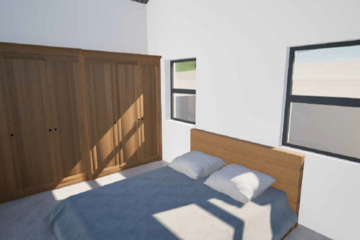 A bedroom featuring built-in wooden cupboards and modern aluminium window frames, presented as a 3D architectural render.