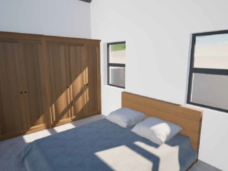 A bedroom featuring built-in wooden cupboards and modern aluminium window frames, presented as a 3D architectural render.