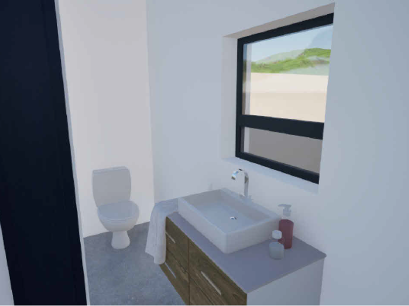 A modern bathroom featuring a vanity with a basin, a toilet, and a window, presented as a 3D architectural render.