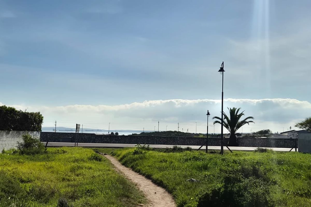 A view of a vacant residential plot featuring a boundary wall, street lighting, and access to a paved road.