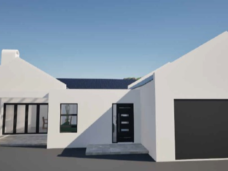 A modern architectural rendering of a single-story house featuring a gabled roof, integrated garage, and a covered patio entrance.