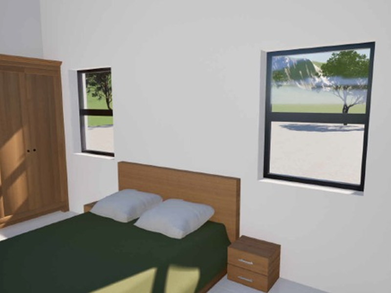 A bedroom featuring a built-in wooden wardrobe and aluminium-framed windows, presented as a 3D architectural render.