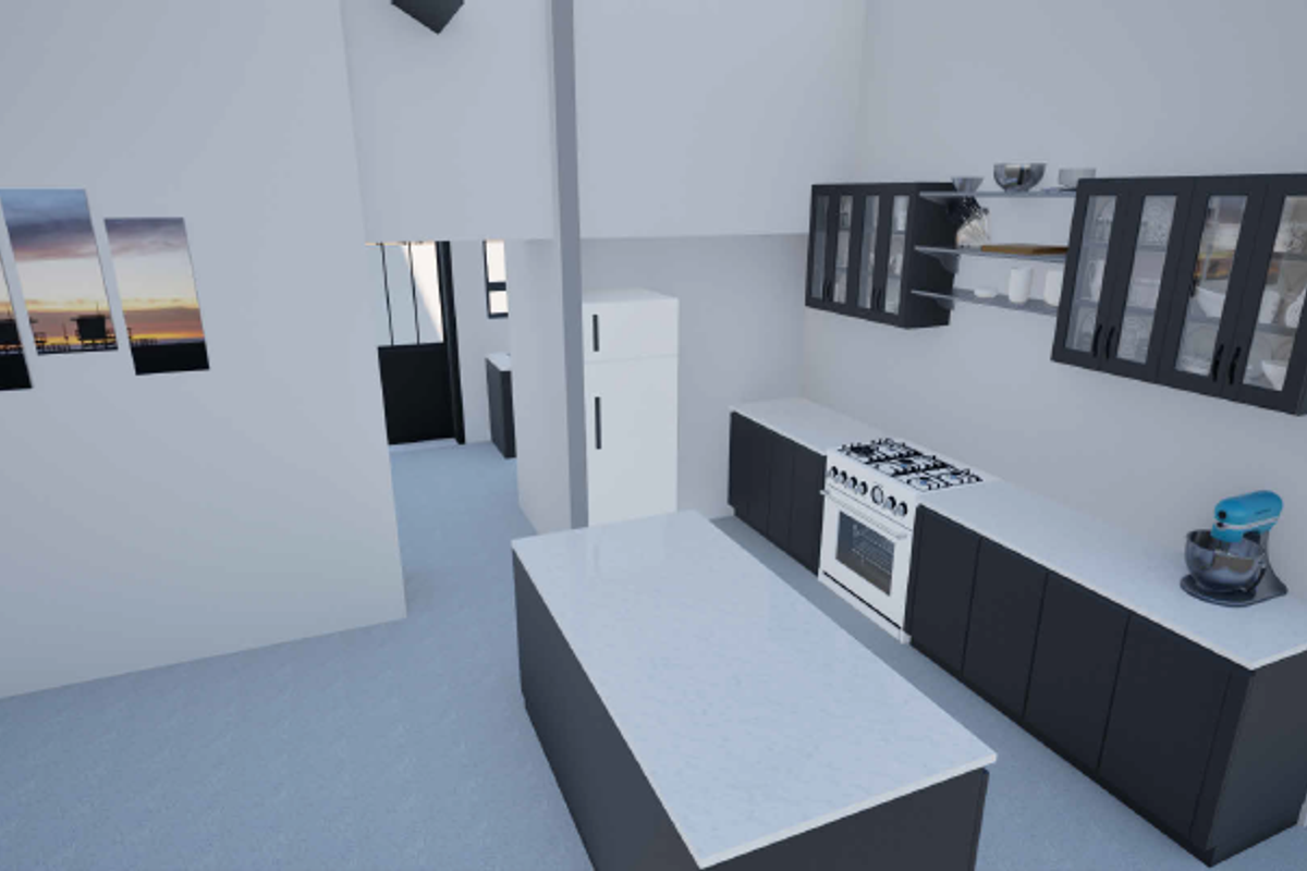 A modern kitchen featuring a central island, dark cabinetry, and built-in cooking appliances in a clean, minimalist layout.