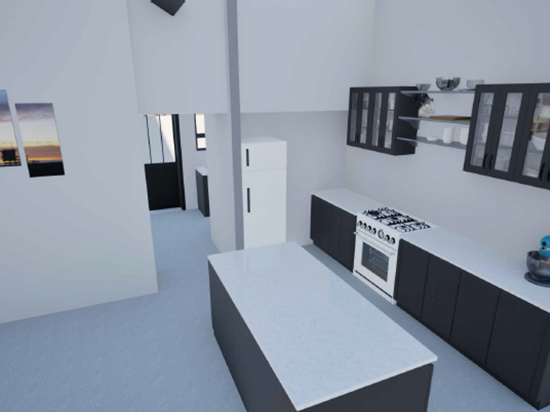 A modern kitchen featuring a central island, dark cabinetry, and built-in cooking appliances in a clean, minimalist layout.