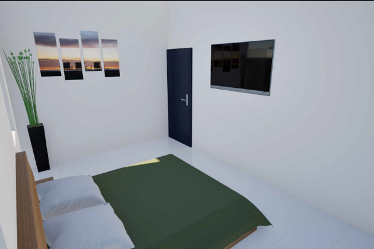 A simple bedroom interior featuring white walls and a dark door, presented as a digital rendering.