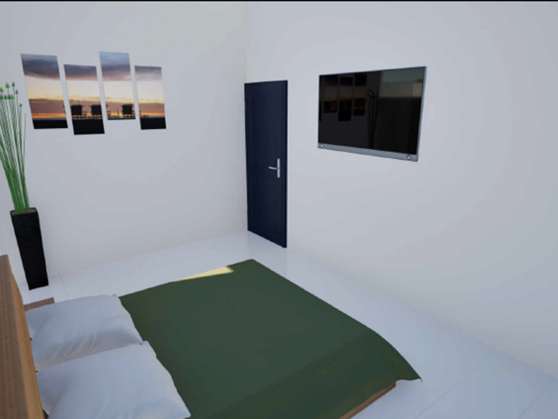 A simple bedroom interior featuring white walls and a dark door, presented as a digital rendering.