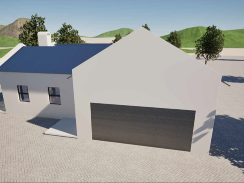 A 3D architectural render of a modern house exterior featuring a garage, paved driveway, and a clean, minimalist facade design.