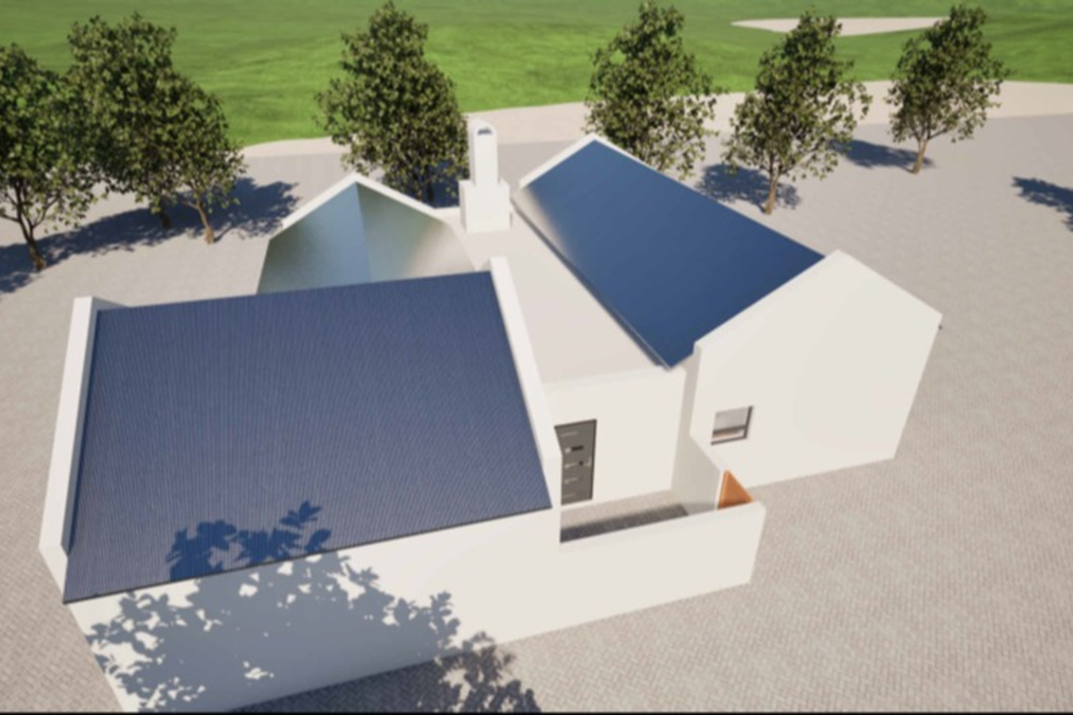 An aerial 3D architectural render showing the roof structure, chimney, and solar panel installation of the property.